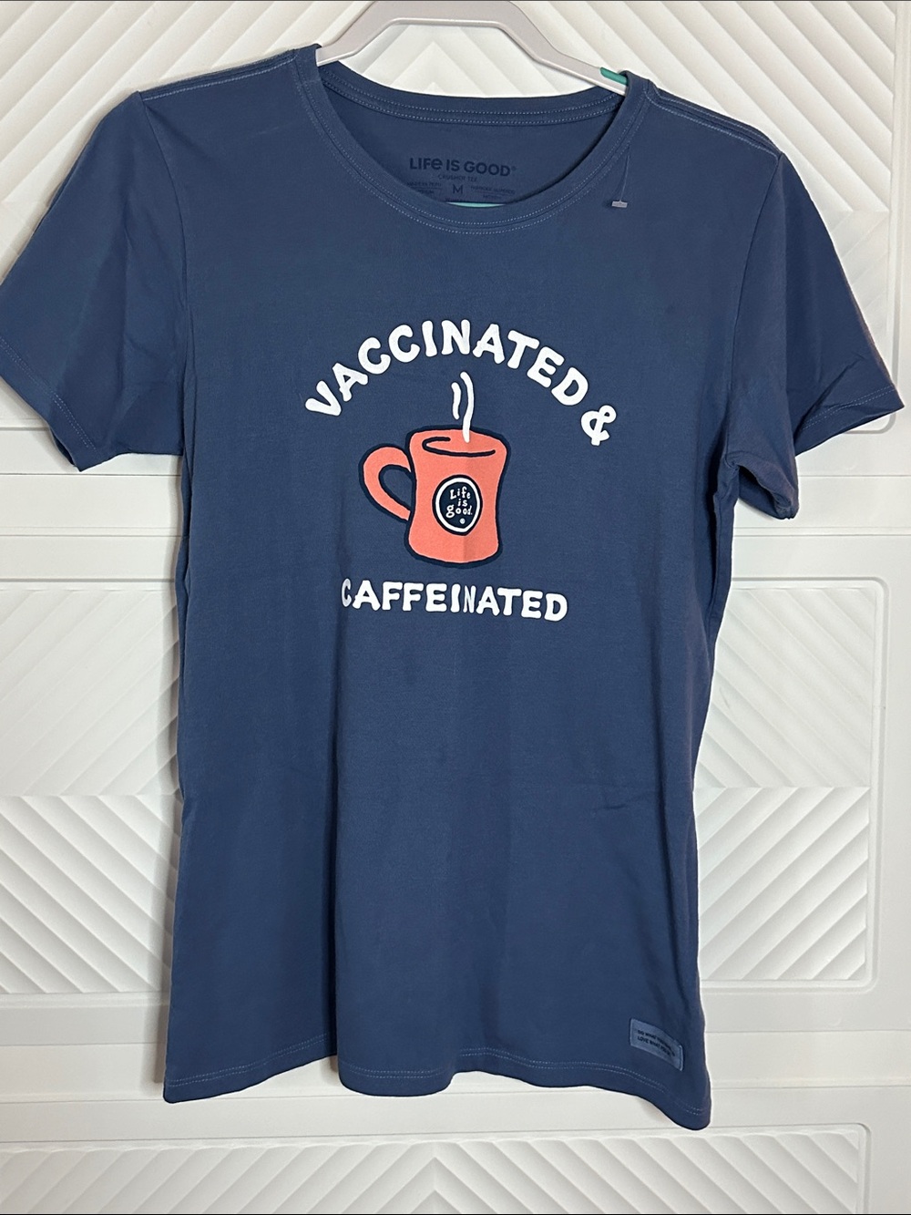 Life Is Good Navy Tee with Coral Mug Graphic